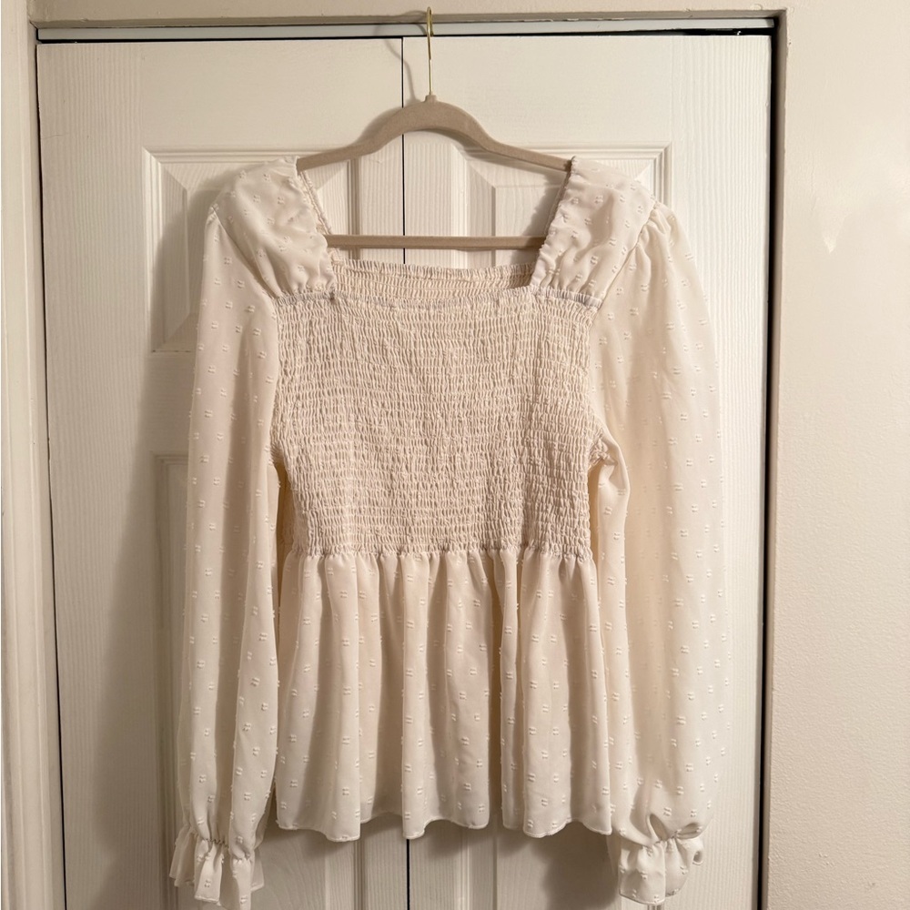 SHEIN Cream Textured Blouse with Ruffle Accents